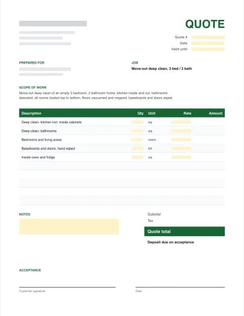 Cleaning Quote Template: blank quote template preview with scope of work, line items, totals and signature block