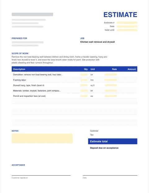 General contractor Estimate Template: blank estimate template preview with scope of work, line items, totals and signature block