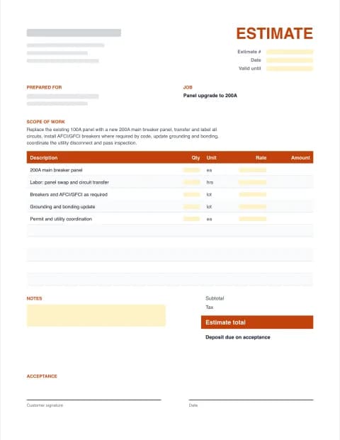 Electrical Estimate Template: blank estimate template preview with scope of work, line items, totals and signature block