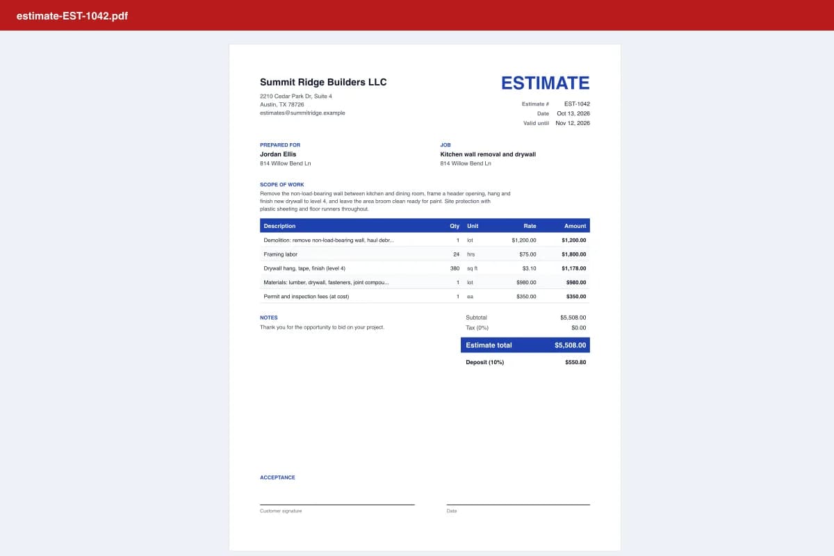 Estimate template example for a contractor showing scope of work, itemized labor and materials, estimate total, 10% deposit and optional items