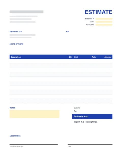 Blank Estimate Template: blank estimate template preview with scope of work, line items, totals and signature block