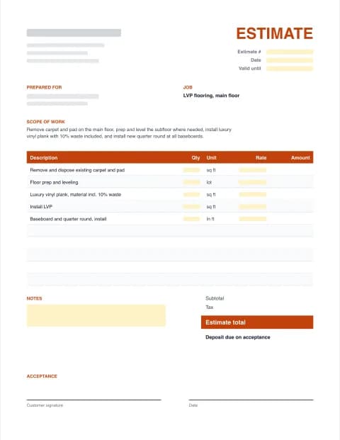 Flooring Estimate Template: blank estimate template preview with scope of work, line items, totals and signature block