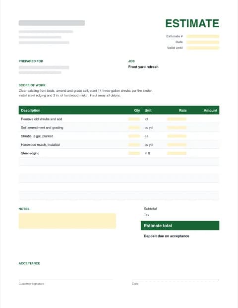 Landscaping Estimate Template: blank estimate template preview with scope of work, line items, totals and signature block