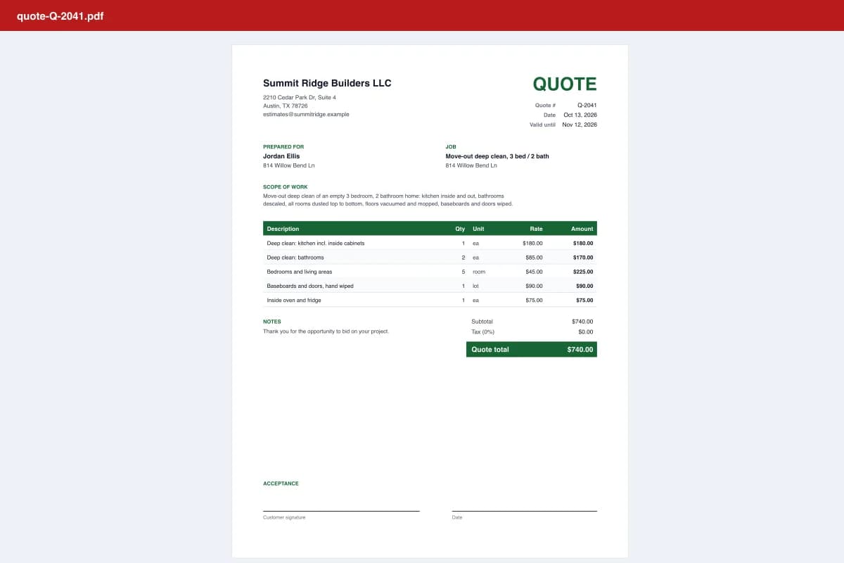 Quote template example with itemized prices, quote total, valid-until date and customer acceptance signature