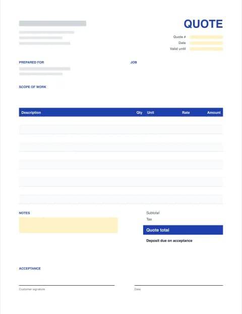 Blank Quote Template: blank quote template preview with scope of work, line items, totals and signature block