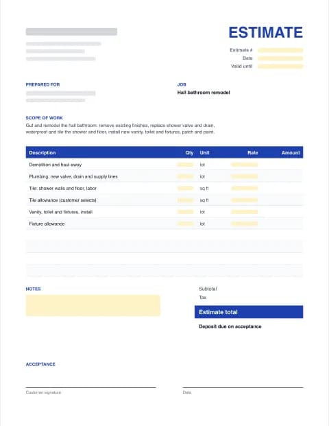 Remodeling Estimate Template: blank estimate template preview with scope of work, line items, totals and signature block