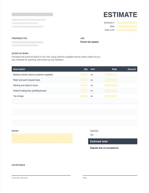 Handyman Estimate Template: blank estimate template preview with scope of work, line items, totals and signature block