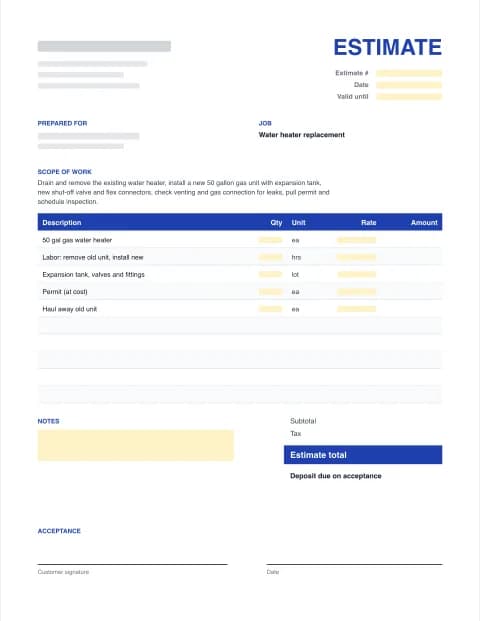 Plumbing Estimate Template: blank estimate template preview with scope of work, line items, totals and signature block